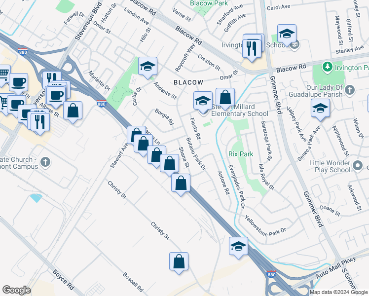 map of restaurants, bars, coffee shops, grocery stores, and more near 5536 Shana Street in Fremont