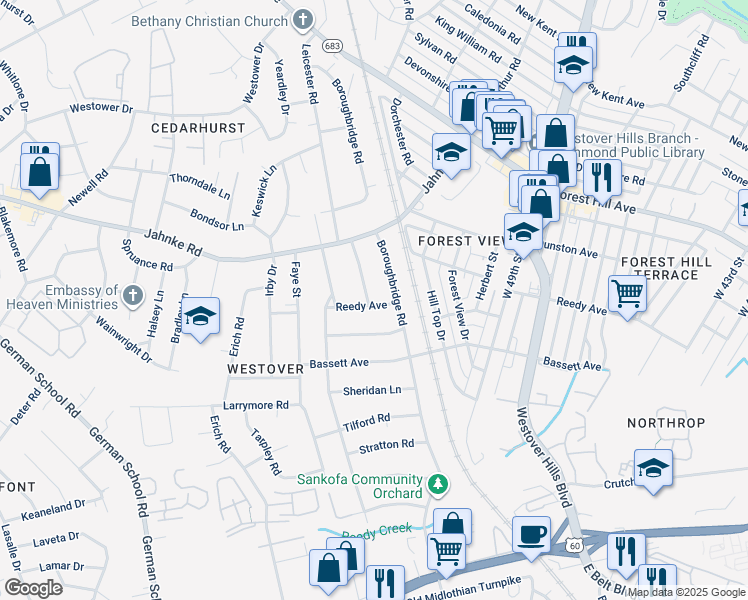 map of restaurants, bars, coffee shops, grocery stores, and more near 1001 Leicester Road in Richmond