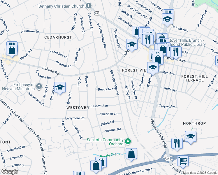 map of restaurants, bars, coffee shops, grocery stores, and more near 1001 Leicester Road in Richmond