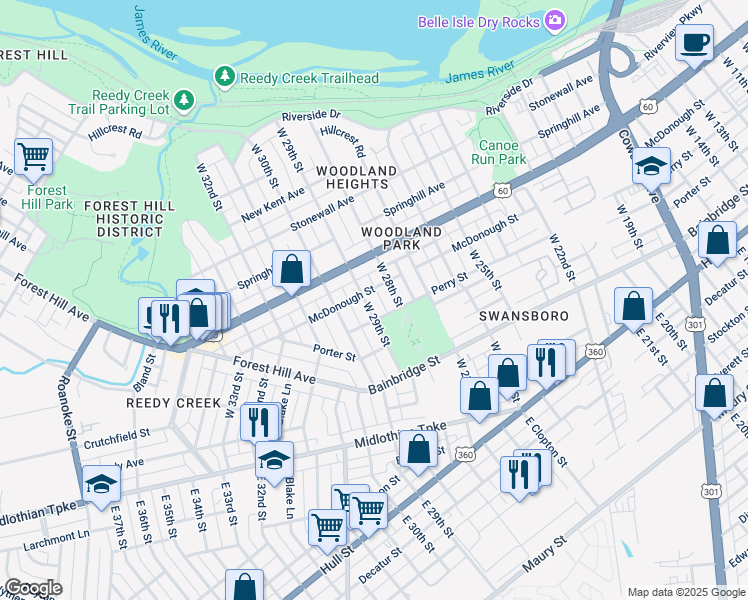 map of restaurants, bars, coffee shops, grocery stores, and more near 313 West 29th Street in Richmond
