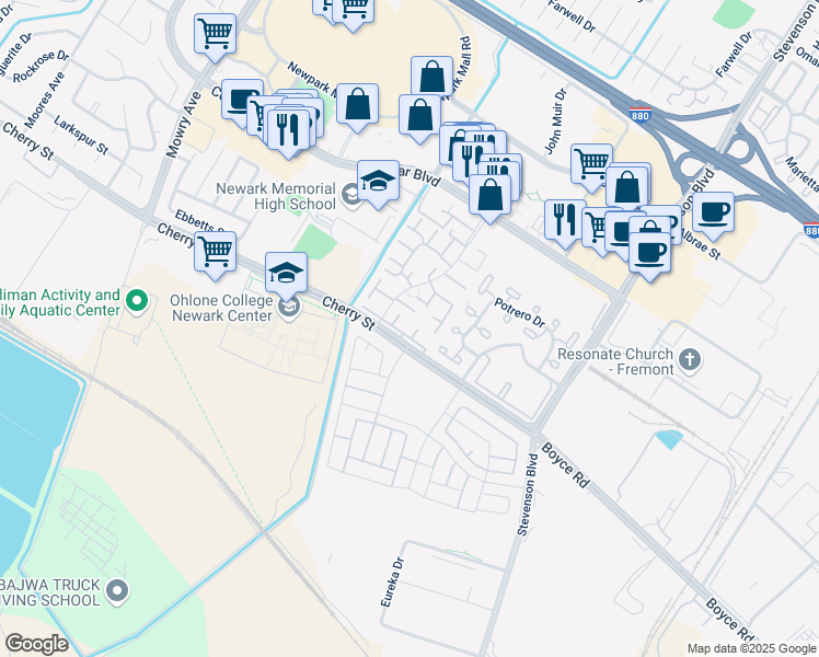 map of restaurants, bars, coffee shops, grocery stores, and more near 6378 Joaquin Murieta Avenue in Newark