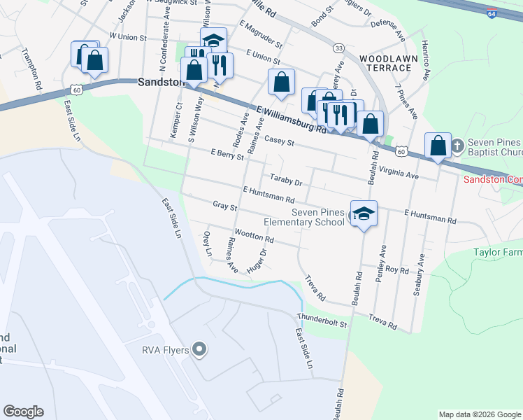 map of restaurants, bars, coffee shops, grocery stores, and more near 111 East Gray Street in Sandston