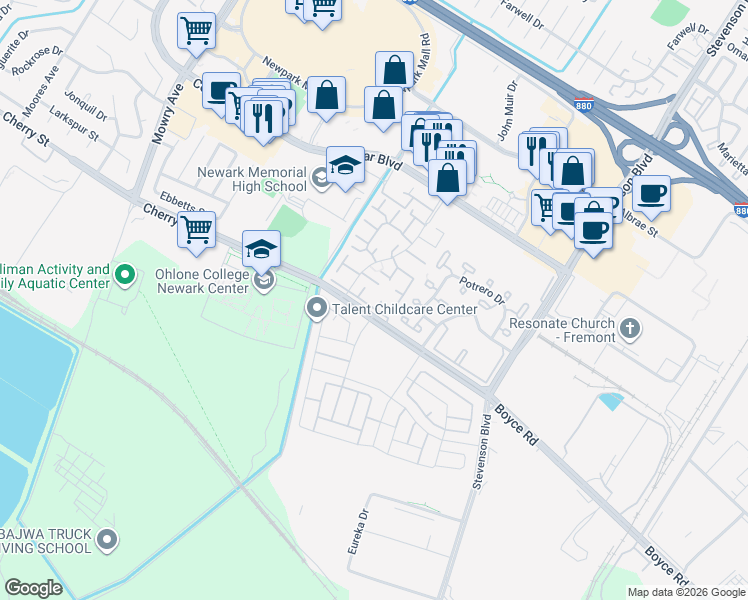 map of restaurants, bars, coffee shops, grocery stores, and more near 6318 Joaquin Murieta Avenue in Newark