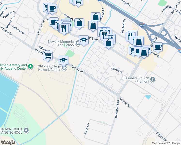map of restaurants, bars, coffee shops, grocery stores, and more near 6292 Joaquin Murieta Avenue in Newark