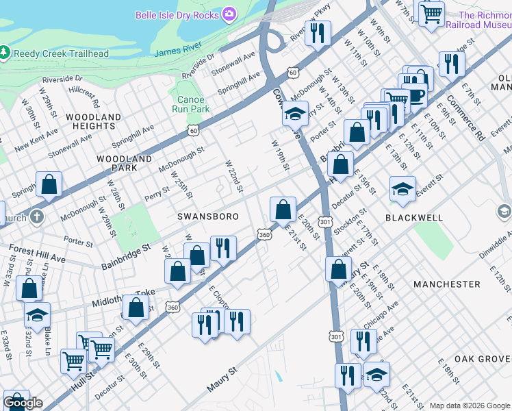 map of restaurants, bars, coffee shops, grocery stores, and more near 22 West 21st Street in Richmond