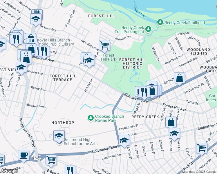 map of restaurants, bars, coffee shops, grocery stores, and more near 4025 Sharon Court in Richmond