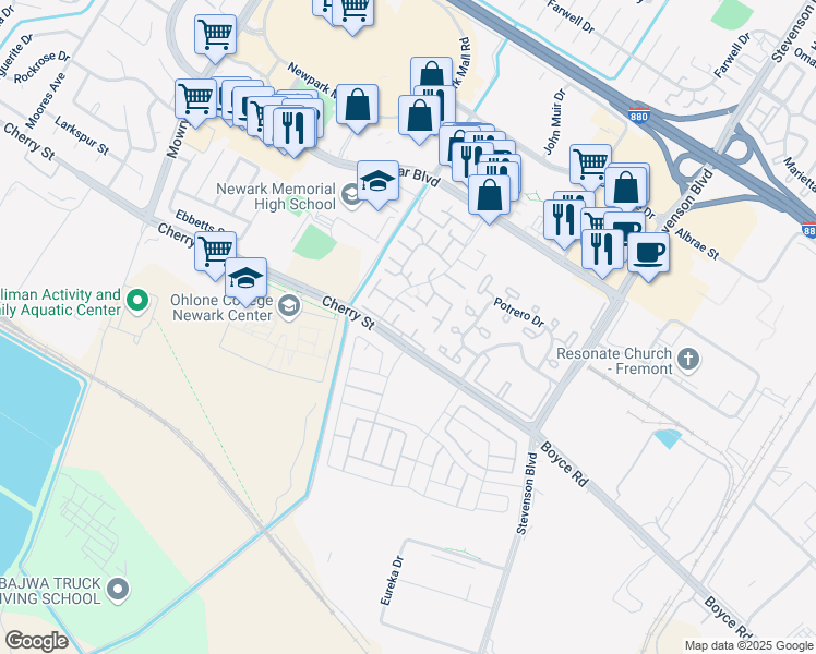 map of restaurants, bars, coffee shops, grocery stores, and more near 6378 Joaquin Murieta Avenue in Newark