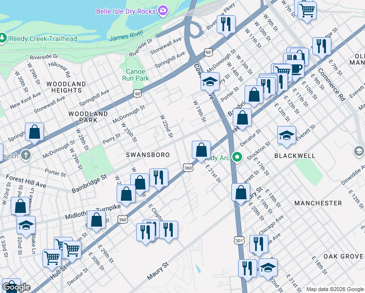 map of restaurants, bars, coffee shops, grocery stores, and more near 22 West 21st Street in Richmond