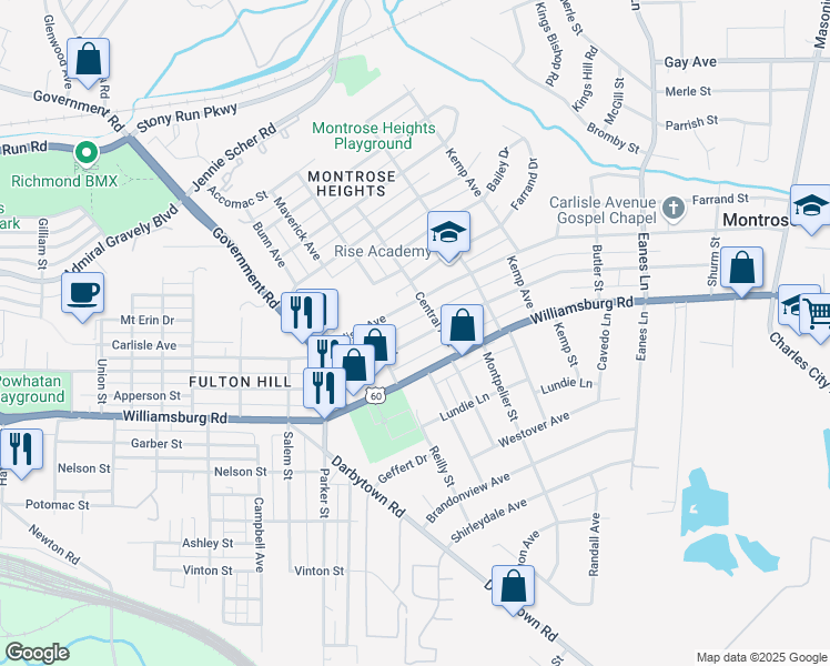 map of restaurants, bars, coffee shops, grocery stores, and more near 1822 National Street in Richmond