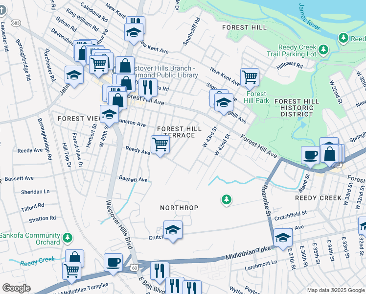 map of restaurants, bars, coffee shops, grocery stores, and more near 1006 West 43rd Street in Richmond