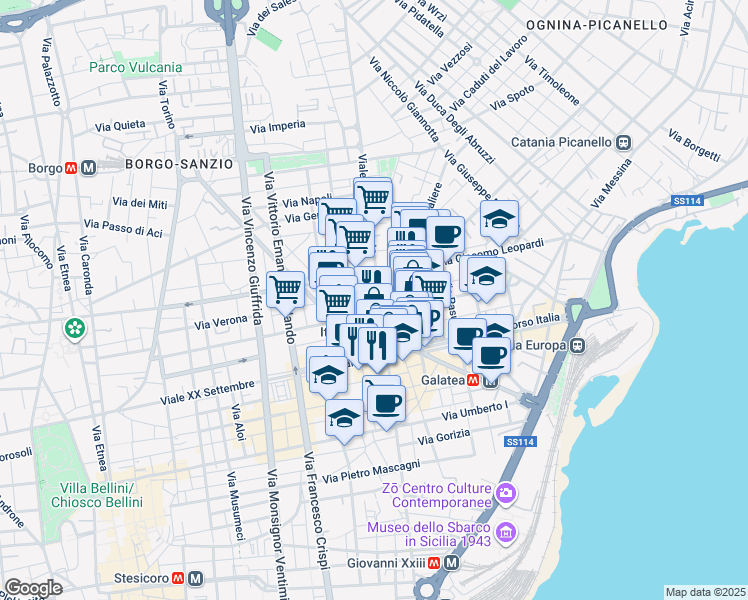 map of restaurants, bars, coffee shops, grocery stores, and more near 12 Viale Vittorio Veneto in Catania