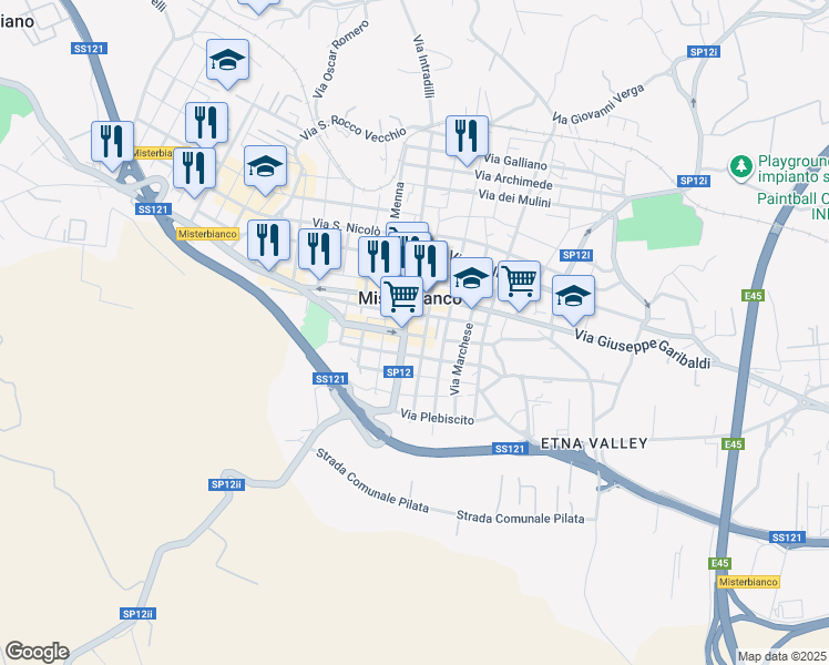 map of restaurants, bars, coffee shops, grocery stores, and more near 98 Via Giordano Bruno in Misterbianco