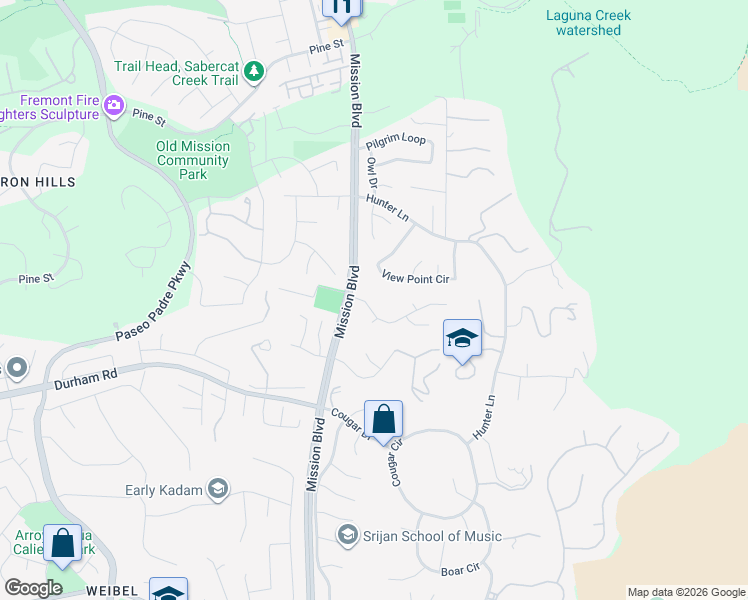map of restaurants, bars, coffee shops, grocery stores, and more near 44327 View Point Circle in Fremont