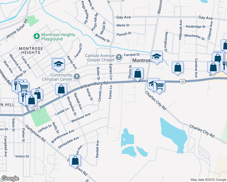 map of restaurants, bars, coffee shops, grocery stores, and more near 5105 Eanes Lane in Richmond