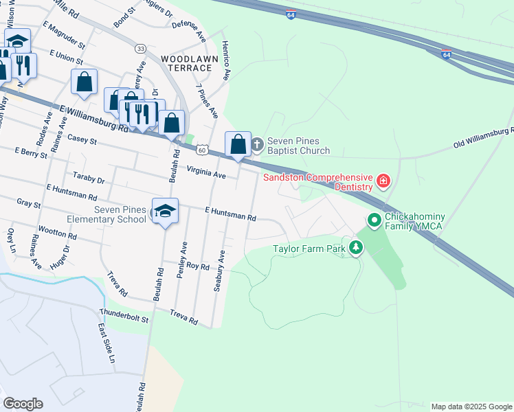 map of restaurants, bars, coffee shops, grocery stores, and more near 320 Taylor Farm Lane in Sandston