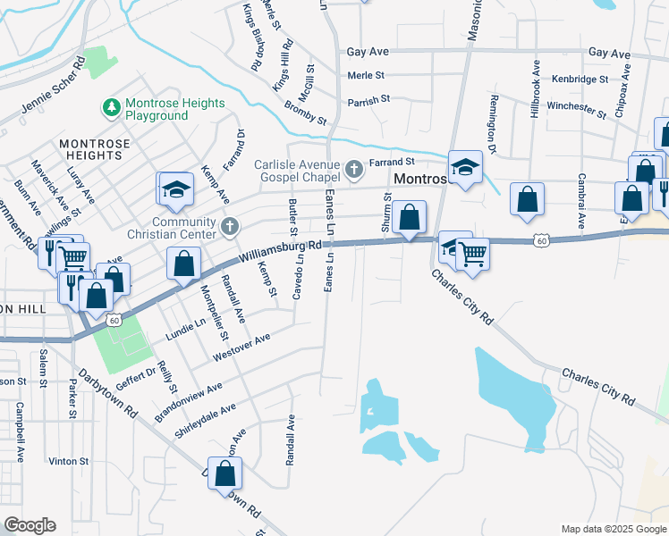 map of restaurants, bars, coffee shops, grocery stores, and more near 5105 Eanes Lane in Richmond