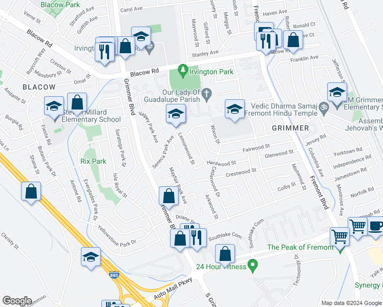 map of restaurants, bars, coffee shops, grocery stores, and more near 42826 Lemonwood Street in Fremont