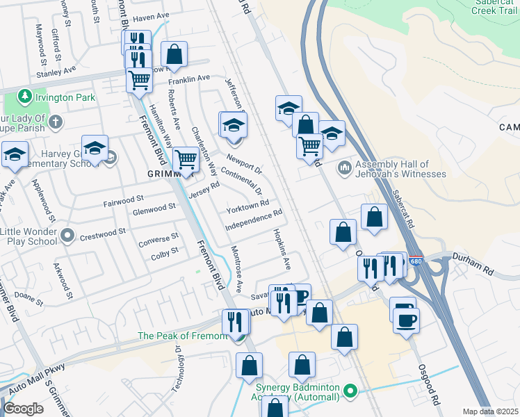 map of restaurants, bars, coffee shops, grocery stores, and more near 43279 Continental Drive in Fremont
