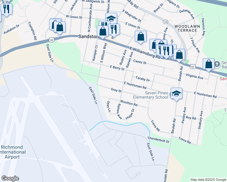 map of restaurants, bars, coffee shops, grocery stores, and more near 19 East Gray Street in Sandston