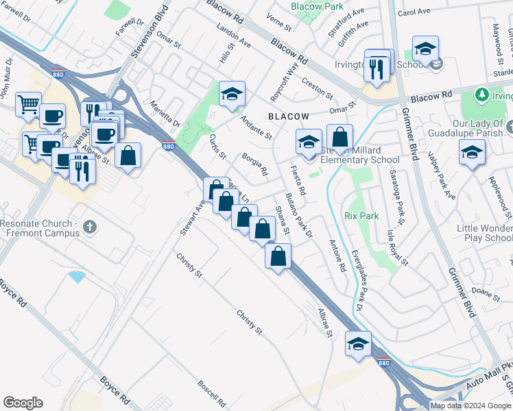 map of restaurants, bars, coffee shops, grocery stores, and more near 5505 Farina Lane in Fremont