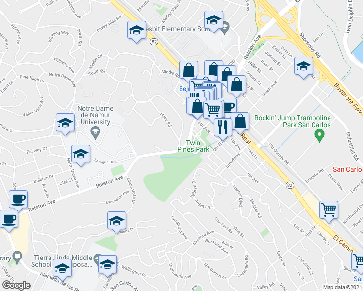 map of restaurants, bars, coffee shops, grocery stores, and more near 1080 Ralston Avenue in Belmont