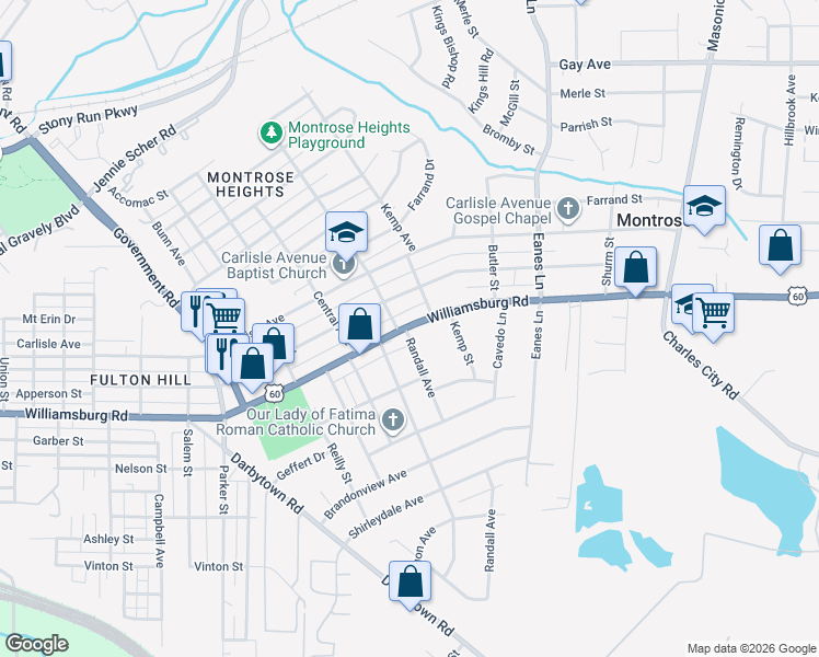 map of restaurants, bars, coffee shops, grocery stores, and more near 2207 National Street in Richmond
