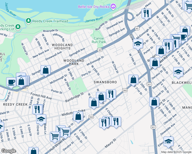 map of restaurants, bars, coffee shops, grocery stores, and more near 2422 Perry Street in Richmond