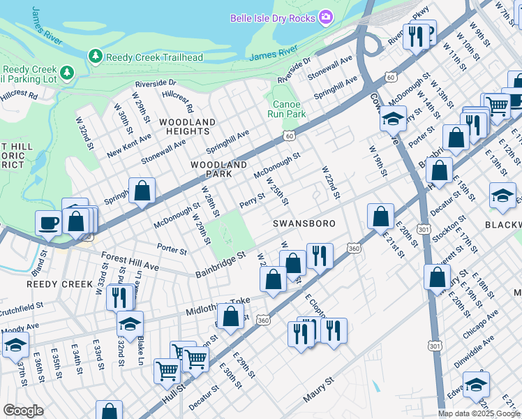map of restaurants, bars, coffee shops, grocery stores, and more near 301 West 26th Street in Richmond