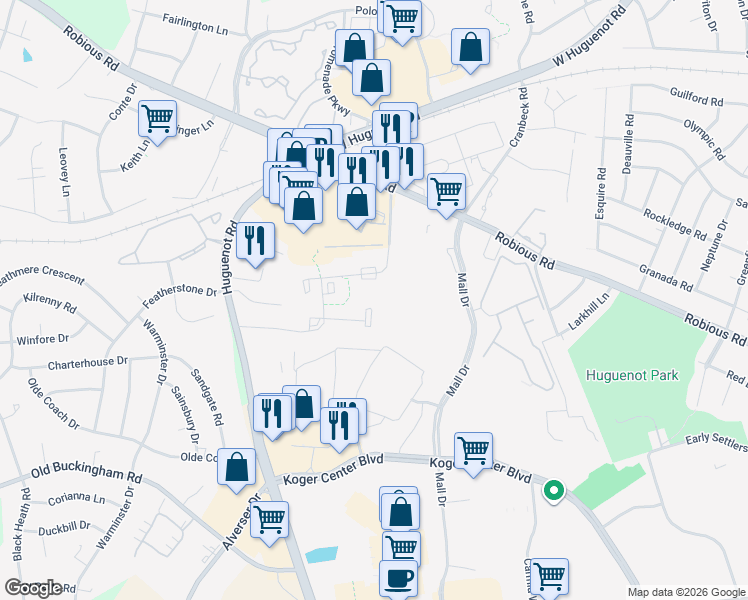 map of restaurants, bars, coffee shops, grocery stores, and more near 11357-11367 Dunbrook Road in Bon Air