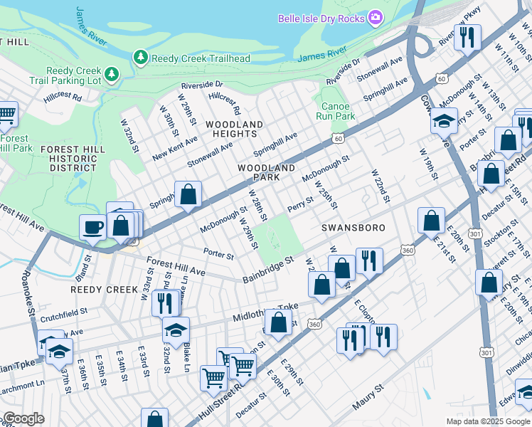 map of restaurants, bars, coffee shops, grocery stores, and more near 307 West 28th Street in Richmond