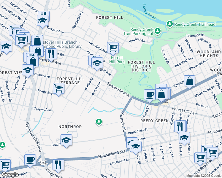 map of restaurants, bars, coffee shops, grocery stores, and more near 4060 Forest Hill Avenue in Richmond