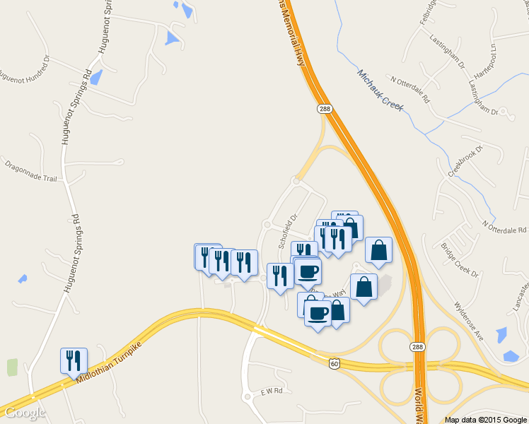 map of restaurants, bars, coffee shops, grocery stores, and more near 15550 Midlothian Turnpike in Midlothian