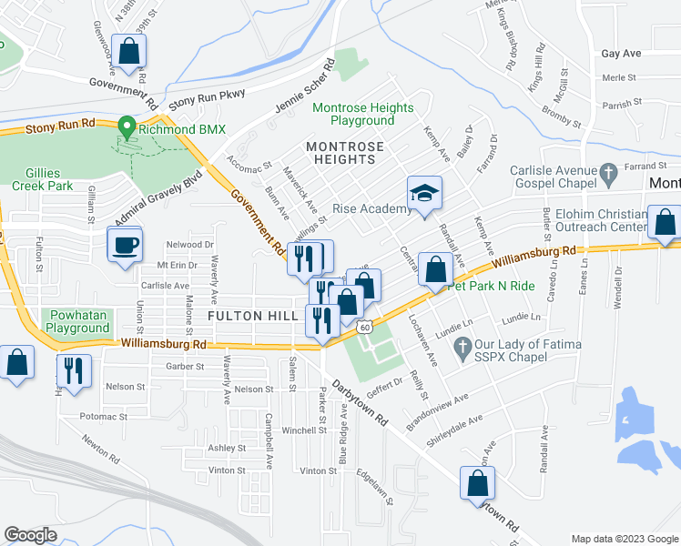 map of restaurants, bars, coffee shops, grocery stores, and more near 1706 Carlisle Avenue in Richmond
