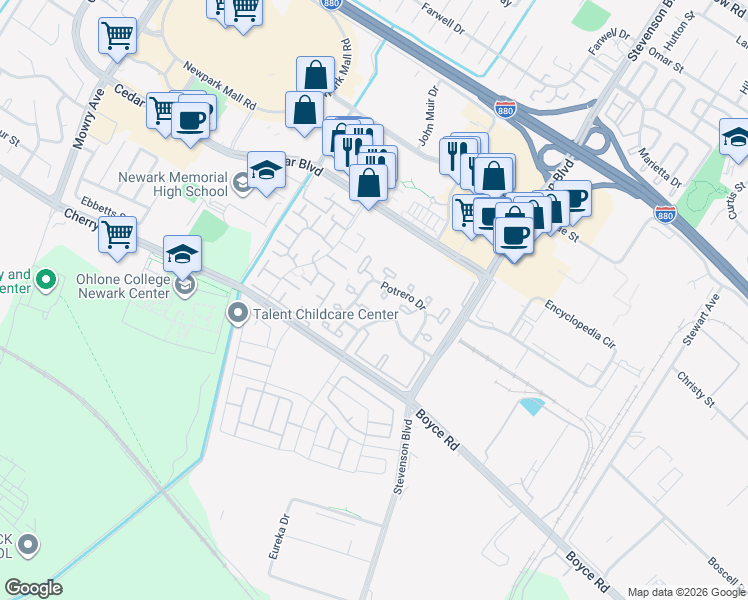 map of restaurants, bars, coffee shops, grocery stores, and more near 39725 Potrero Drive in Newark