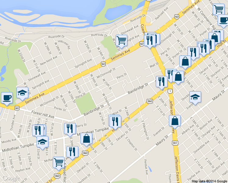 map of restaurants, bars, coffee shops, grocery stores, and more near 2421 Porter Street in Richmond