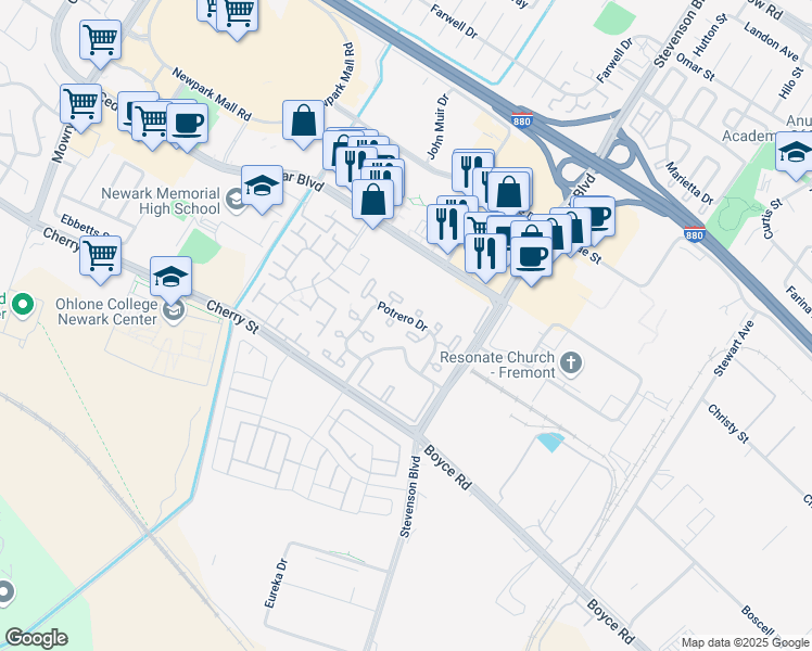 map of restaurants, bars, coffee shops, grocery stores, and more near 39849 Potrero Drive in Newark