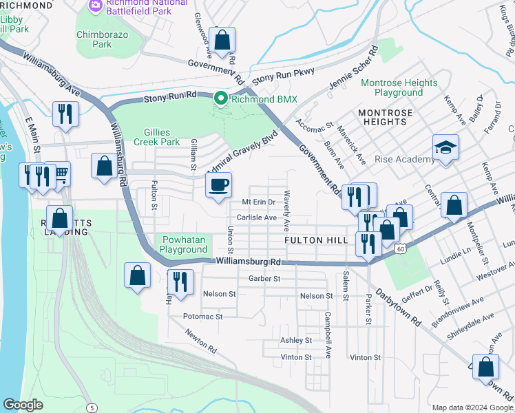 map of restaurants, bars, coffee shops, grocery stores, and more near 1205 Mt Erin Dr in Richmond