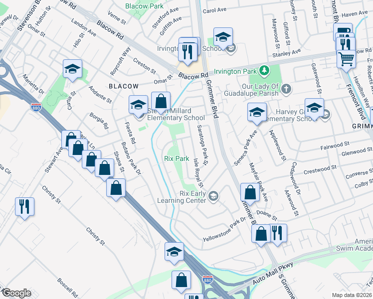 map of restaurants, bars, coffee shops, grocery stores, and more near 42604 Ravensbourne Park Street in Fremont