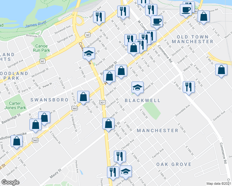map of restaurants, bars, coffee shops, grocery stores, and more near 1513 Decatur Street in Richmond