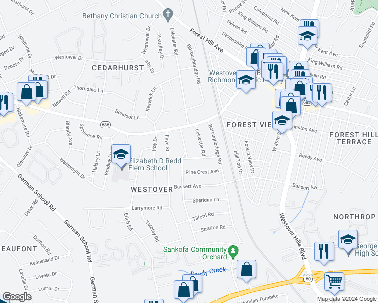 map of restaurants, bars, coffee shops, grocery stores, and more near 1009 Byswick Lane in Richmond