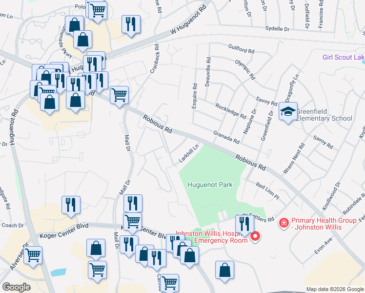 map of restaurants, bars, coffee shops, grocery stores, and more near 1928 Millsap Lane in Richmond