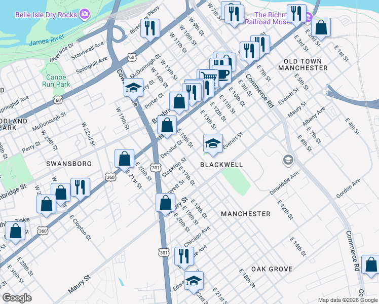 map of restaurants, bars, coffee shops, grocery stores, and more near 119 Lipscomb Street in Richmond