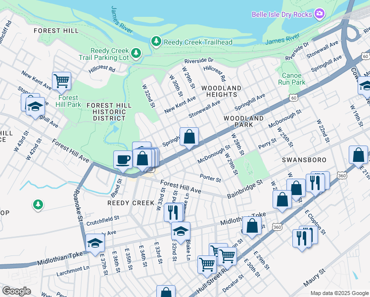 map of restaurants, bars, coffee shops, grocery stores, and more near 3105 Semmes Avenue in Richmond
