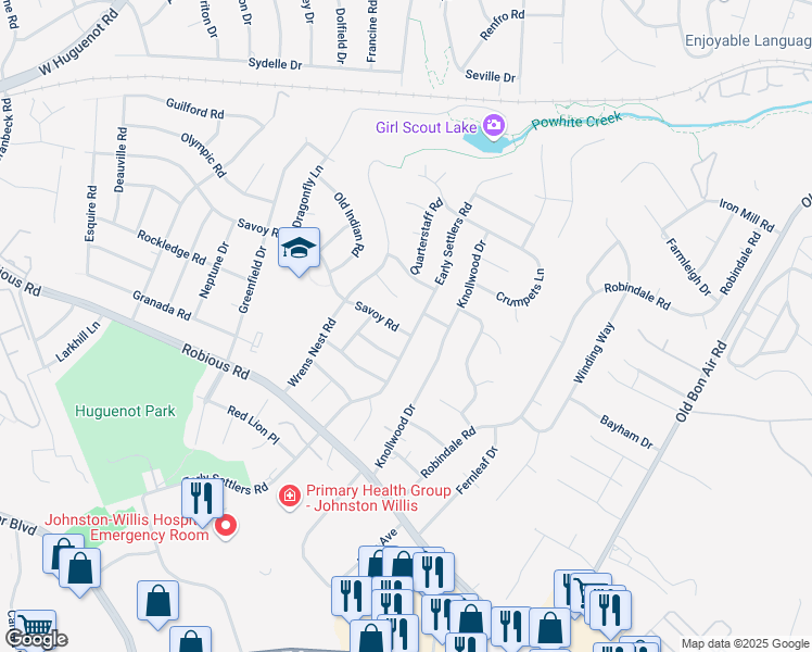 map of restaurants, bars, coffee shops, grocery stores, and more near 10600 Wrens Nest Court in Richmond