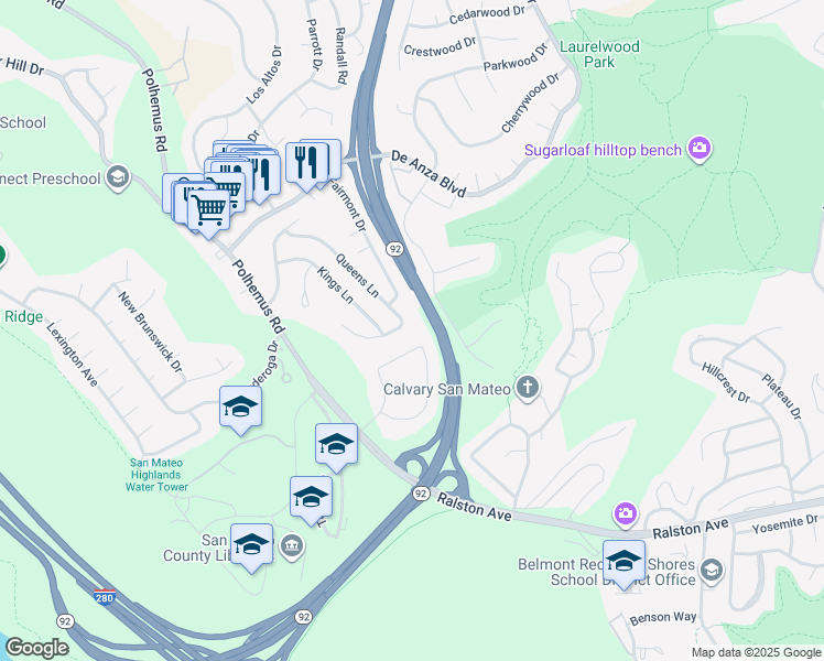 map of restaurants, bars, coffee shops, grocery stores, and more near 2129 Queens Lane in San Mateo