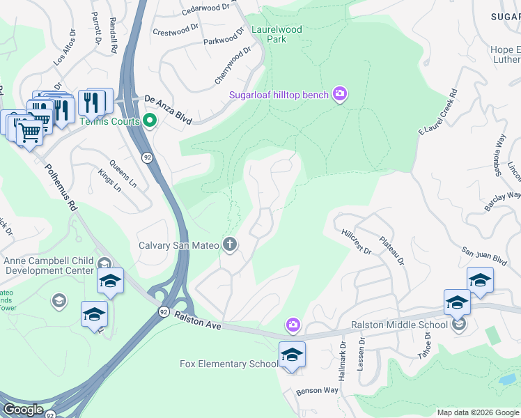 map of restaurants, bars, coffee shops, grocery stores, and more near Skymont Dr & Robert Ave in Belmont