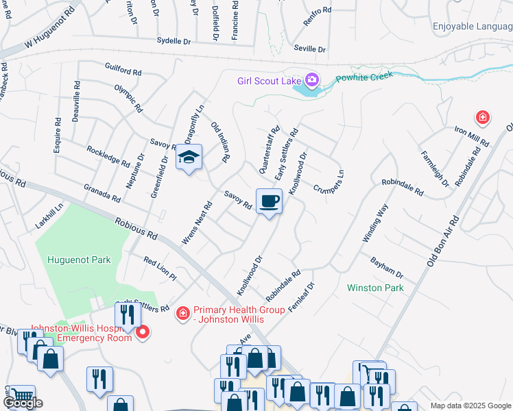 map of restaurants, bars, coffee shops, grocery stores, and more near 2100 Early Settlers Road in Richmond