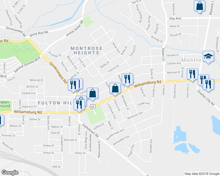 map of restaurants, bars, coffee shops, grocery stores, and more near 2000 National Street in Richmond