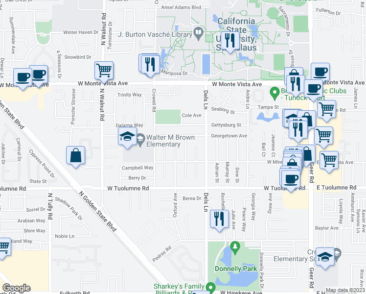 map of restaurants, bars, coffee shops, grocery stores, and more near 2695 Yale Avenue in Turlock