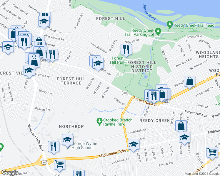 map of restaurants, bars, coffee shops, grocery stores, and more near 4066 Forest Hill Avenue in Richmond